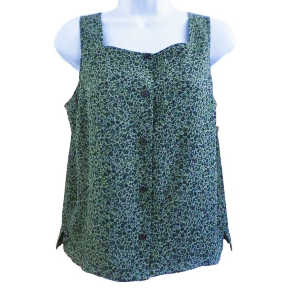 New Vintage 80s Floral Shell Top Button Front Sleeveless Side Vents Silver Creek
